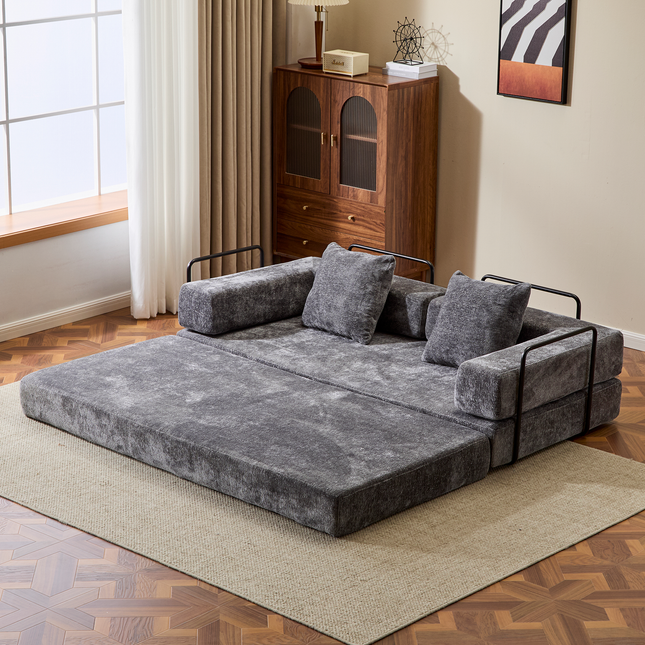 Floor Couch,Compression Sofa,Convertible Floor Sofa Bed-with Pillow Back Support Armrest,Comfy Futon Couch Lounge Sleeper Bed,Chenile Fabric,for Living Room Bedroom DARK-GREY