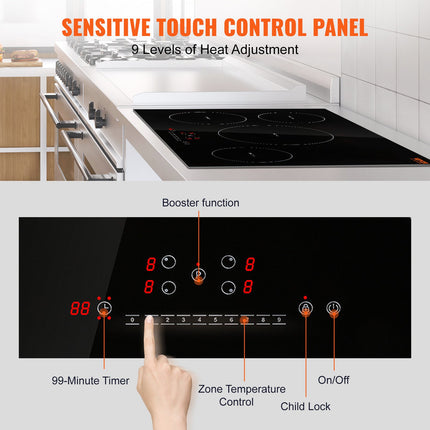Electric Cooktop, 4 Burners, 30 Induction Stove Top, Built-in Magnetic Cooktop 7500W, 9 Heating Level Multifunctional Burner, LED Touch Screen With Child Lock  Over-Temperature Protection
