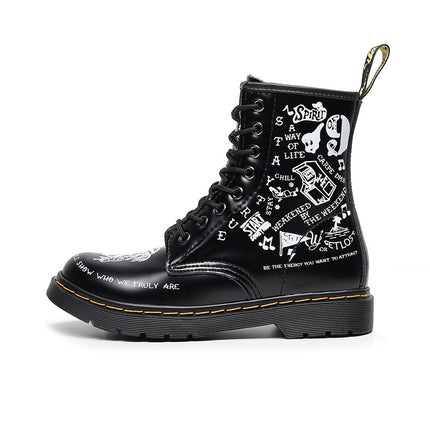 Personalized Hard Leather Skull Boots Men And Women Graffiti Leather Boots Round Head Motorcycle Shoes