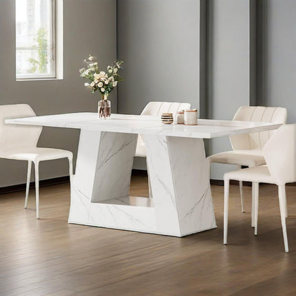 Dining Table For 4 To 6 People, 63" Rectangular Dining Room Table, Modern Wooden Faux Marble Dinner Table With Sturdy Base