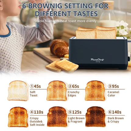 4-Slice Toaster, Extra Wide Long Slot Toaster, 6 Browning Settings, Bagel/Defrost/Reheat Functions, Removable Crumb Tray, Stainless Steel Housing, Matte Black