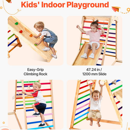 Indoor Playground Jungle Gym, 4-in-1 Wooden Indoor Playground Playset With Climbing Rock, Slide, Wooden Ladder & Gym Rings, Montessori Style Playground Climbing Toys For Boys Girls, 220LBS