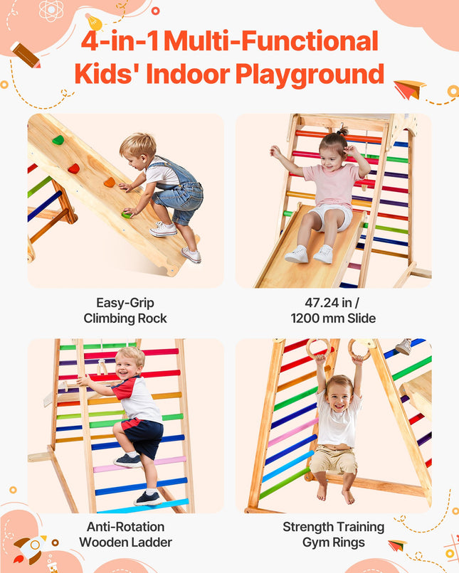 Indoor Playground Jungle Gym, 4-in-1 Wooden Indoor Playground Playset With Climbing Rock, Slide, Wooden Ladder & Gym Rings, Montessori Style Playground Climbing Toys For Boys Girls, 220LBS