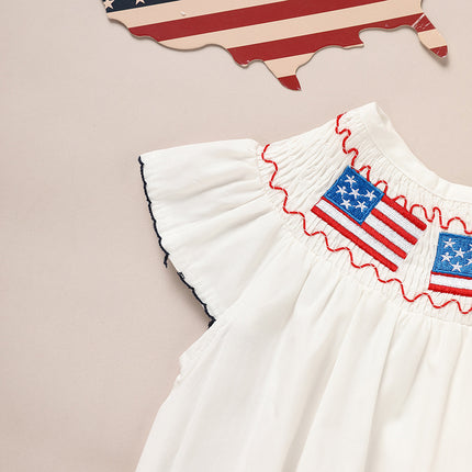 Baby Girl 4th Of July Bubble Romper, Smocked Fly Sleeve Bodysuit With American Flag Embroidery