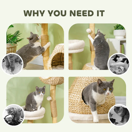 Cat Tree For Indoor Cats With Wooden Cat Scratching Posts, Cat Condo, Cat Beds & Toy Balls, Cream White