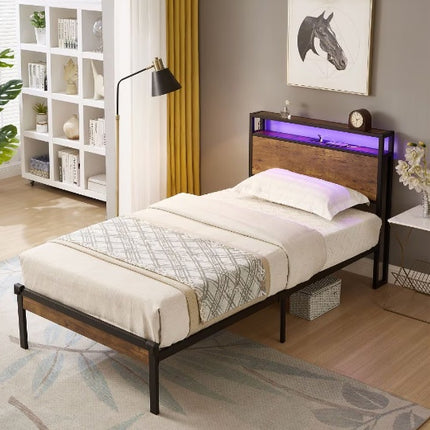 Twin Size Metal Platform Bed Frame With Wooden Headboard And Footboard With USB LINER