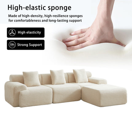 114-inch Corduroy Modular Sofa Boneless Couch, Featuring An Inlaid Structural Design, Three Throw Pillows, Wider Backrest Design And Four Freely Configurable Modules.