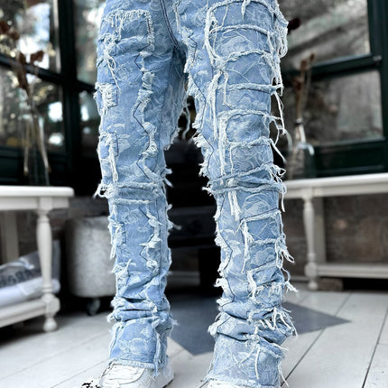 Ins Fringes Ripped Trousers Individual Patched Pants Long Tight Fit Stacked Jeans For Mens Clothing