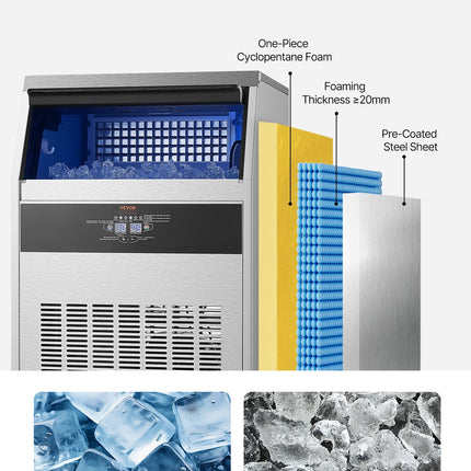 160lbs/24H Commercial Ice Maker Machine, 66lbs Storage Capacity Ice Maker With Drain Pump, 80 Ice Cubes In 15 Minutes, LED Digital Display Freestanding Self-Cleaning For Bar Office Restaurant