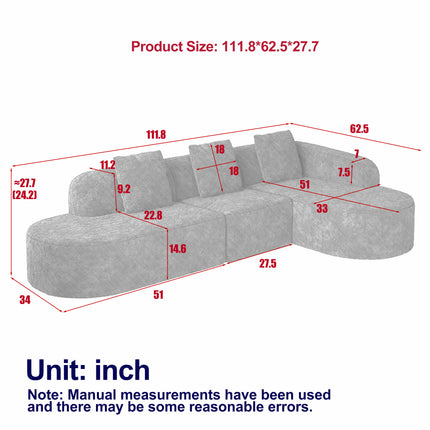 111.8-inch L-shaped Curved Modular Sofa, Modern Design Featuring Lychee-textured Long-pile Polyester Fabric, Curved Backrest With Three Pillows