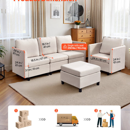 Modular Sectional Sofa, Modern 5-Seater Modular Sofa With Hidden Storage, Cloud Sectional Couch With High Rebound Sponge, Solid Wood Frame Upholstered Comfy Couch For Living Room, Bedroom, Beige