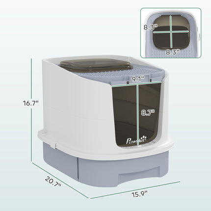 Covered Cat Litter Box with Lid, Drawer, Scoop, Top Entry, Deodorizing Bags, Odor Control, Easy to Clean, Gray