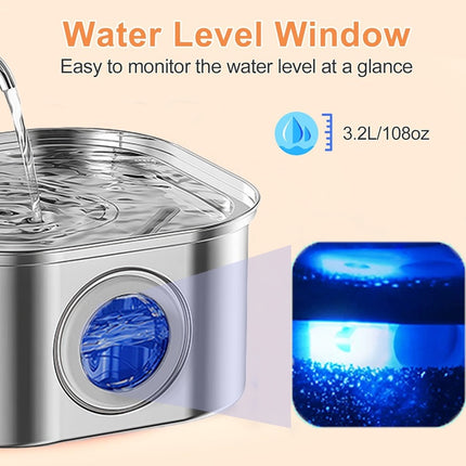Cat Water Fountain Stainless Steel,108oz 3.2L Cat Fountain For Drinking - Pet Water Fountain Inside - Automatic Dog Watering Dispenser Bowl - Pet Feeding & Watering Supplies - Water Level Window