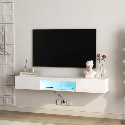 Floating TV Stand Wall Mounted With 16 Color LEDs, Modern TV Stand,Floating TV Cabinet Entertainment Center For 55 60 65 Inch TV,White