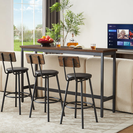 Long Bar Table Set With 3 PU Upholstered Bar Stools, Industrial Bar Table And Chairs For Kitchen Breakfast Table, Living Room, Banquet Hall, Rustic Brown And Black, 63inL X15.7 W X 37.5 H