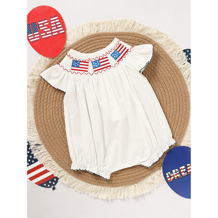 Baby Girl 4th Of July Bubble Romper, Smocked Fly Sleeve Bodysuit With American Flag Embroidery