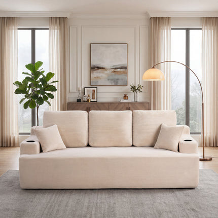 87 In 3-Seater Sofa For Living Room, Comfy Couches With Deep Seat, Plush Corduroy Fabric  With Cup Holders And Side Storage Pockets For Apartment Lounge