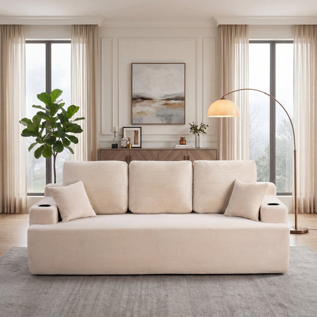 87 In 3-Seater Sofa For Living Room, Comfy Couches With Deep Seat, Plush Corduroy Fabric  With Cup Holders And Side Storage Pockets For Apartment Lounge