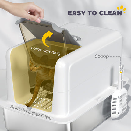 2 in 1 Stainless Steel Cat Litter Box with Removable Lid, Scoop, Filter Bags, for Small to Large Cats, White