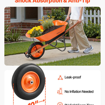 Wheelbarrow Cart, 5 Cu. Ft. Load & 265 Lbs Capacity, One Wheel Garden Dump Cart, Garden Wagon With Metal Handle & 16" Wide Track Wheels, Easy Loading Utility Yard Cart & Wagons For Lawn Farm