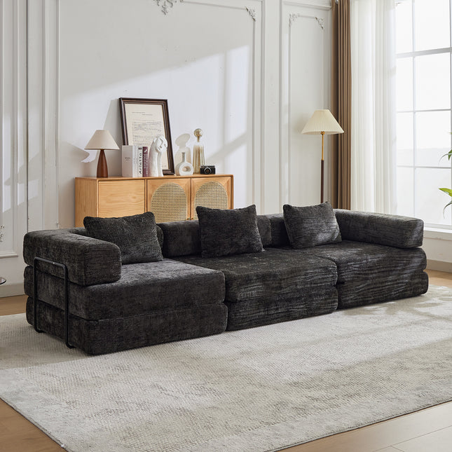 Compression Sofa,Convertible Floor Sofa Bed With Fixed-Shape Frame, Boneless Modular Sectional Sofa,No Assembly Required,Chenille Fabric,for Living Room Bedroom,Black