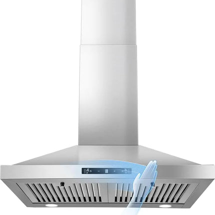 24 Inch Range Hood, Ducted/Ductless Range Hood 450CFM, Wall Mount Kitchen Hood In Stainless Steel, Gesture Sensing & Touch Control, 3 Speed Fan, 2 Pcs Baffle Filters