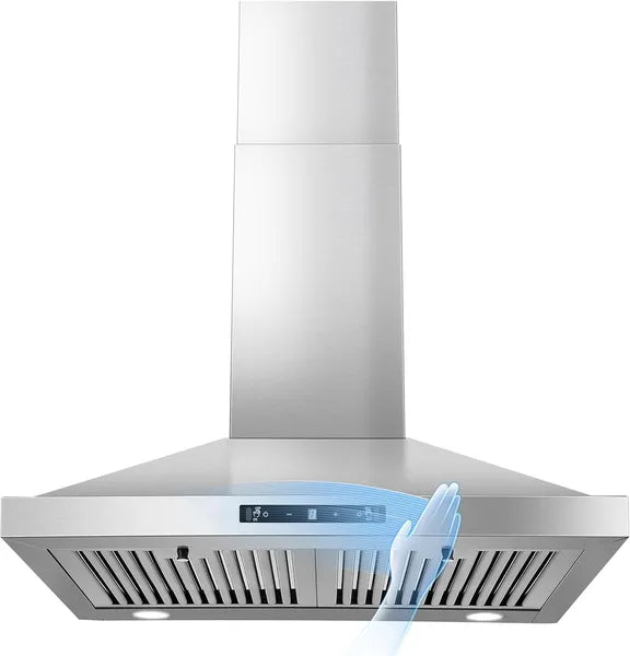 24 Inch Range Hood, Ducted/Ductless Range Hood 450CFM, Wall Mount Kitchen Hood In Stainless Steel, Gesture Sensing & Touch Control, 3 Speed Fan, 2 Pcs Baffle Filters