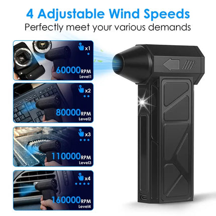 1Pc Compressed Air Duster With LED Light Vacuum Cleaner Max 160000RPM Speed For PC Keyboard Cleaning High Speed Rechargeable Cordless Air Blower With 4 Speeds For Home Car Outdoor