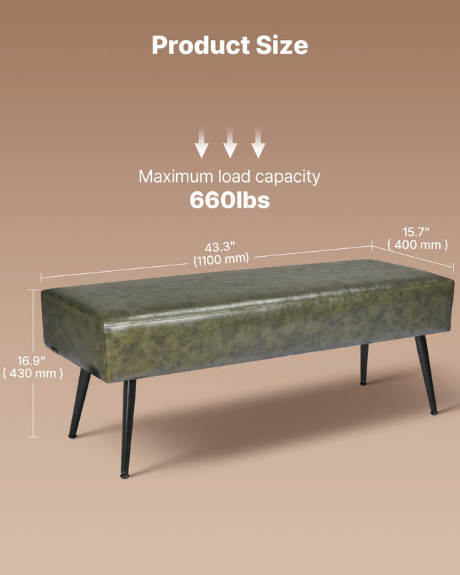 Leather Bedroom Bench, PU Leather Bench With Metal Legs And With Stitching For Entryway, Upholstered Shoe Bench Seat, Modern End Of The Bed Benches For Living Room, Dining Room, Hallway, Green