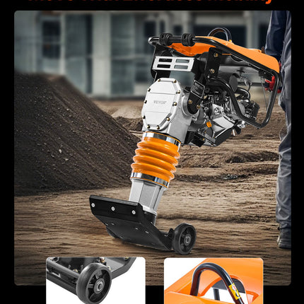 Jumping Jack Compactor, 6.5 HP Vibratory Rammer Fuel-Powered 196 Cc Engine Tamper, 3600 Lbs Impact Force, 26" Max Compaction Depth, For Soil, Gravel, Footings, Concrete Slabs, And Foundations