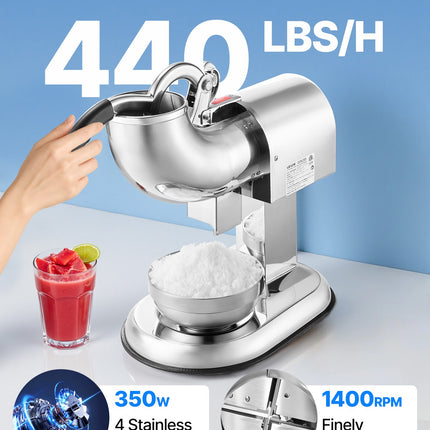 Commercial Ice Crusher 440LBS/H Electric Snow Cone Maker Shaved Ice Silver