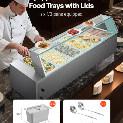 Commercial Food Warmer 6 X 1/3 Size Pans Buffet Bain Marie With Glass Cover