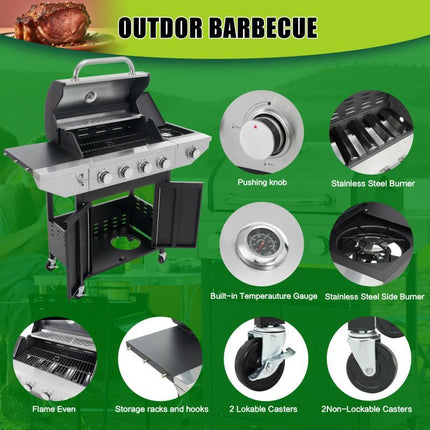 Propane Four-burner Stainless Steel Gas Grill With Side Burners, Suitable For Outdoor Patios And Gardens.