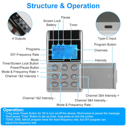 1Pc 4 Channel TENS Unit Muscle Stimulator Rechargeable Digital TENS Muscle Massager With 48 Modes 20 Intensity Levels 8 Pads Timer For Valentines Gift