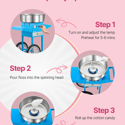 Commercial Cotton Candy Machine With Cart Sugar Floss Maker 1000W For Party Blue