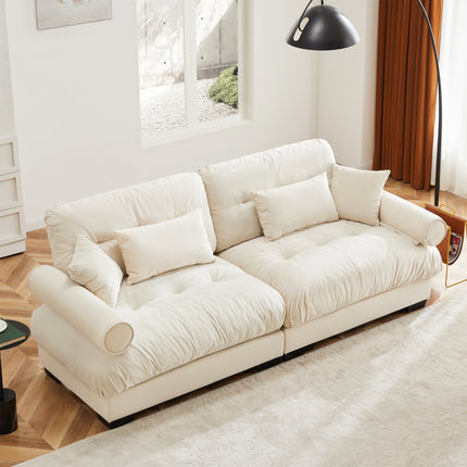 Large Size Modern Two-seater Sofa With Bolstered Armrests,Velvet 2-Seater Sofa With Waist Pillows And Throw Pillows , Suitable For Living Room , Loft, Working Spaces , Hallway And Bedroom,Cream