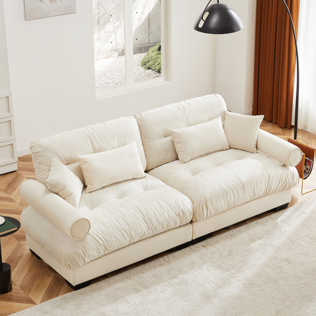 Large Size Modern Two-seater Sofa With Bolstered Armrests,Velvet 2-Seater Sofa With Waist Pillows And Throw Pillows , Suitable For Living Room , Loft, Working Spaces , Hallway And Bedroom,Cream
