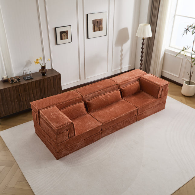 Compression Mahjong Sofa,Convertible Floor Sofa Bed,DIY Boneless Modular Sectional Sofa,No Assembly Required,Circle Fleece Fabric,Oversized 3 Seater With 3 Pillows,Orange