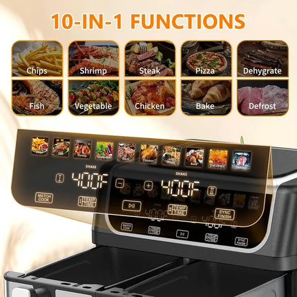 9.5 Quart Large Dual Basket Air Fryer With Double Basket, Independent Temp Control & Sync Mode, 10 Presets - Bake&Broil&Defrost&Dehydrate, Shake Reminder System, Compatible For Plug For Appliance