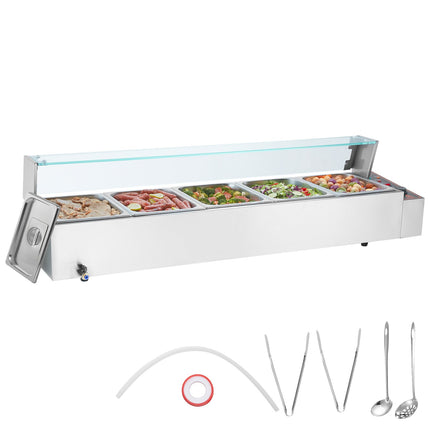 Commercial Electric Food Warmer Countertop Buffet 5*8Qt With Glass Shield