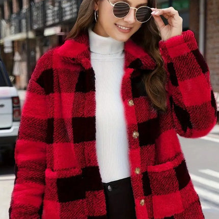 Color-blocked Plaid Jacket Fashion Lapel Pockets Single-breasted Coat Spring Fall Clothing For Women