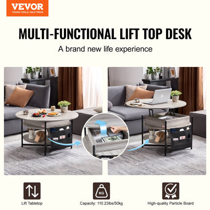 Lift Top Coffee Table, 35.3 In Round Coffee Table With Extra Storage Pockets, Pop Up Coffee Table For Living Room, White