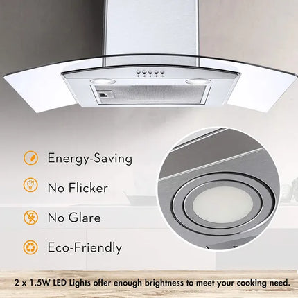 30" Wall Mount Range Hood 450CFM Tempered Glass Vented 3-Speed Fan W/LEDs