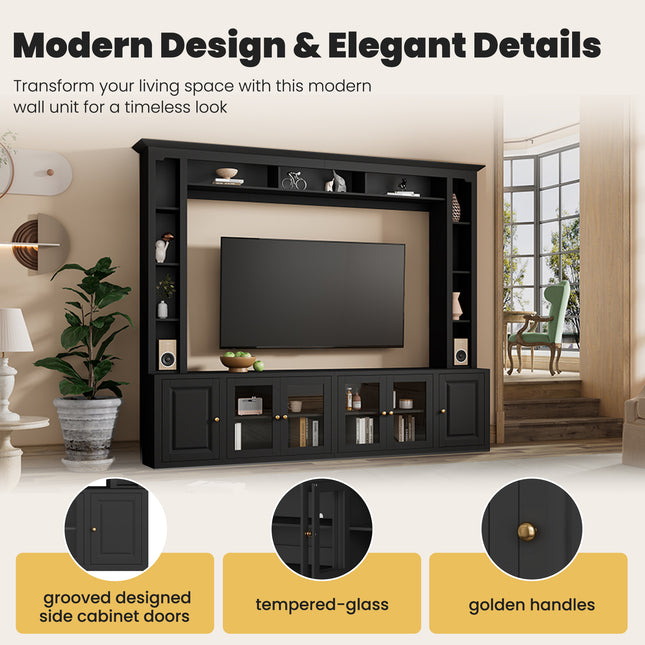 4-Piece Modern Entertainment Center Wall Unit With Bookshelves, All-in-1 Large TV Stand With Tempered Glass Door For TVs Up To 80, 92inch Media Console With Adjustable Shelves For Living Room, Black