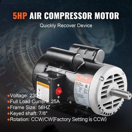 5HP Air Compressor Electric Motor 230V 25A 3450RPM 56Hz Frame CW CCW Rotation