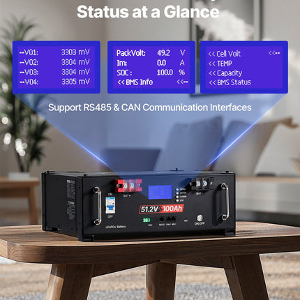 48V 100Ah LiFePO4 Lithium Battery, Built-in 100A BMS, 51.2V Server Rack LiFePO4 Battery With Bluetooth, 5.12kWh Capacity, Max 6000 Cycles, LCD Display, For Off-Grid, Solar System, Backup Power
