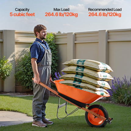 Wheelbarrow Cart, 5 Cu. Ft. Load & 265 Lbs Capacity, One Wheel Garden Dump Cart, Garden Wagon With Metal Handle & 16" Wide Track Wheels, Easy Loading Utility Yard Cart & Wagons For Lawn Farm