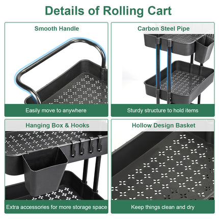 Black-White Color Options 1Pc 3 Tier Rolling Utility Cart Movable Storage Organizer With Mesh Baskets Lockable Wheels 360 Degree Rotatable Hanging Box Hooks Bedroom Bathroom Kitchen