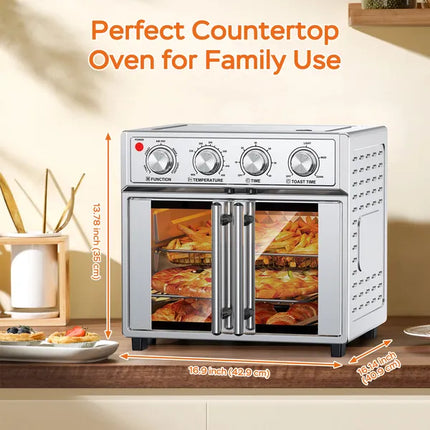 PlumChef 29.5 QT French Door Air Fryer Convection Toaster Oven, Extra Large 6 Slices, 1700W, Multifunction Oven For Air Fryer, Toast, Grill, Defrost, Bake, Time And Temperature Controls, Silver