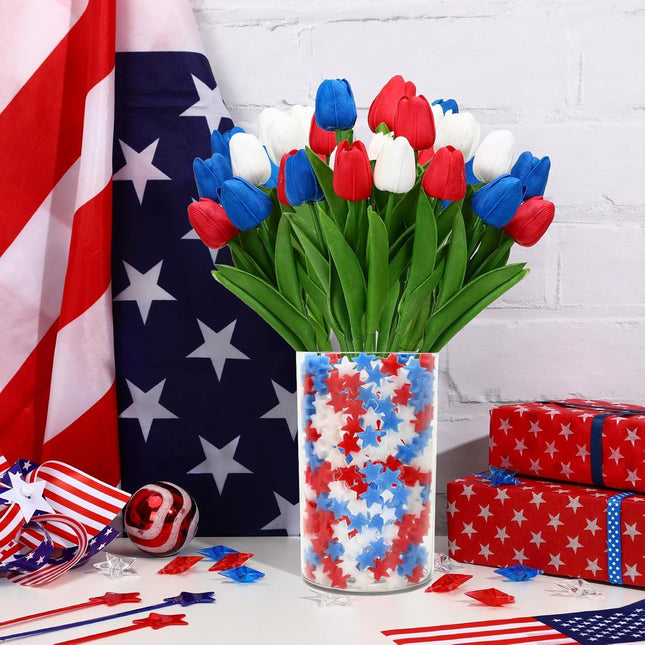 4th Of July Decorations, 12 Pcs Patriotic Artificial Tulips With 180 Pcs Red White Blue Sponge Stars Independence Day Vase Filler For Home Table Centerpiece Decor Clearance Sale